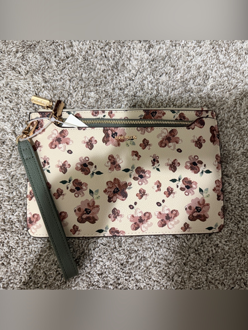 kate spade Cream Floral Wristlet with Pink Blooms and Green Strap